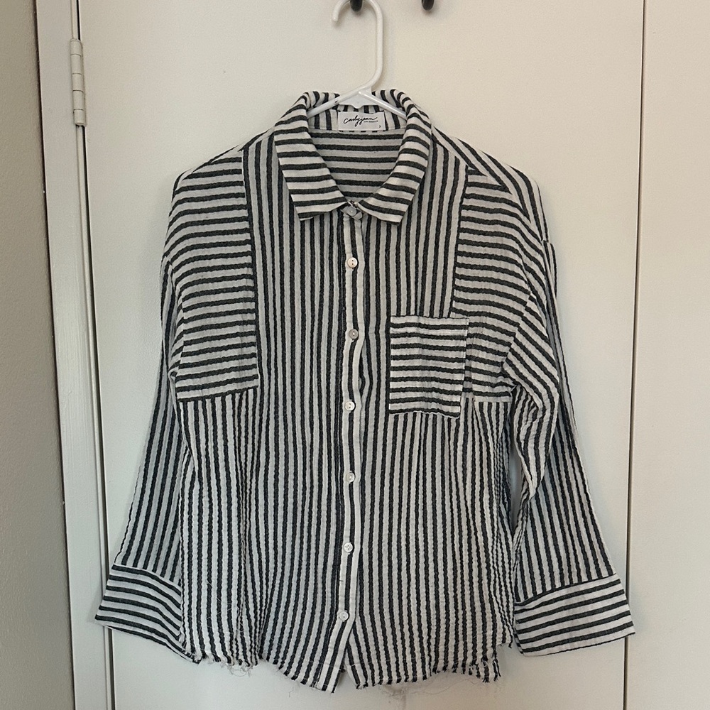 Carly Jean  Black and White Striped Button Down Shirt